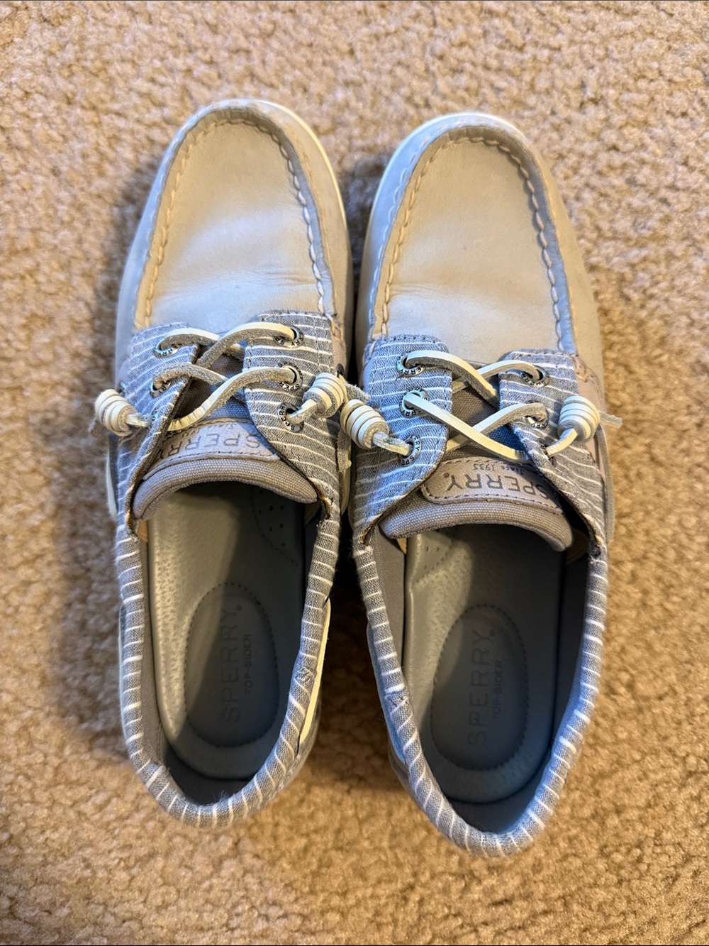 Sperry Blue-Gray Striped Canvas & Tan Leather Boat Shoes